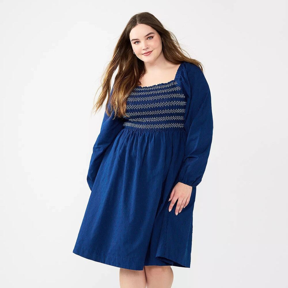Draper James RSVP Puff Sleeve Smocked Square Neck Midi Dress Size 1X Blue Preppy